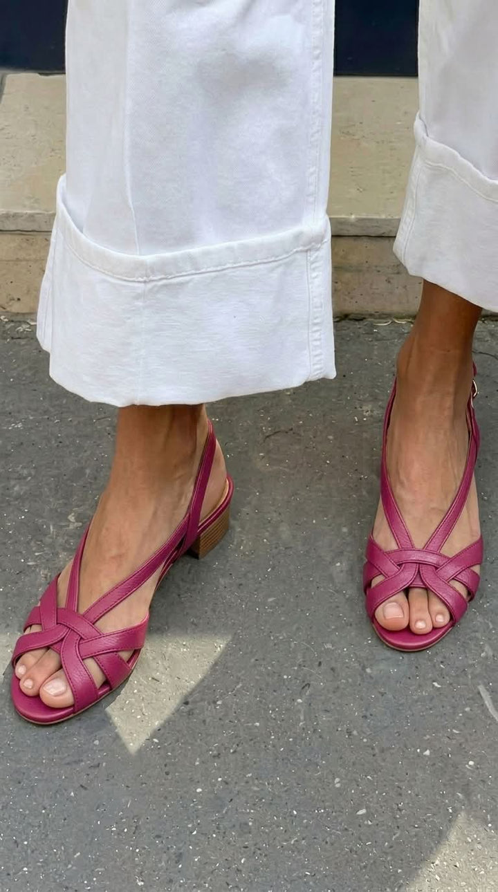 Nude Leather Slingback Sandals with Crossed Straps and Low Heel