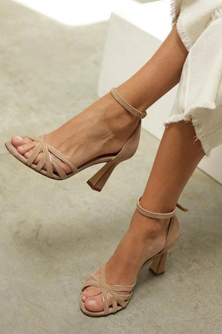 Brown Peep Toe Patchwork Stiletto Heels with Ankle Strap and Buckle
