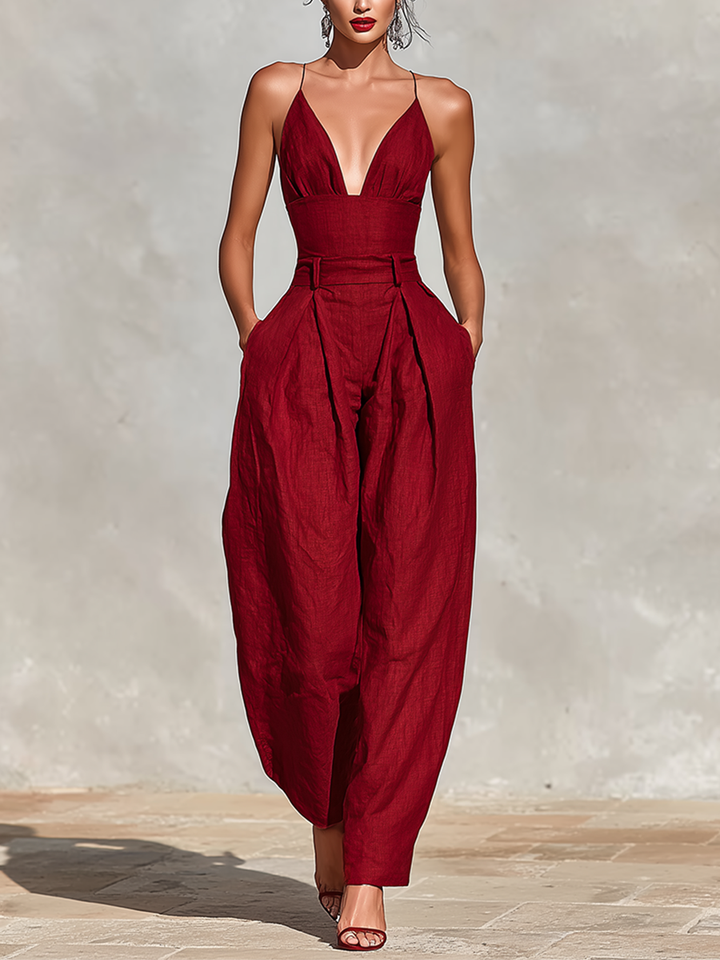 Estelle - Red Linen Jumpsuit for Women with Thin Straps