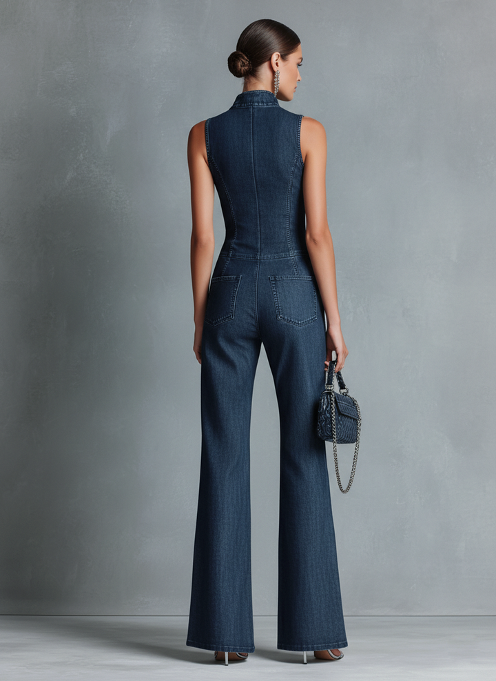 Valentine - Sleeveless Dark Blue Denim Jumpsuit with Flared Retro Style Collar