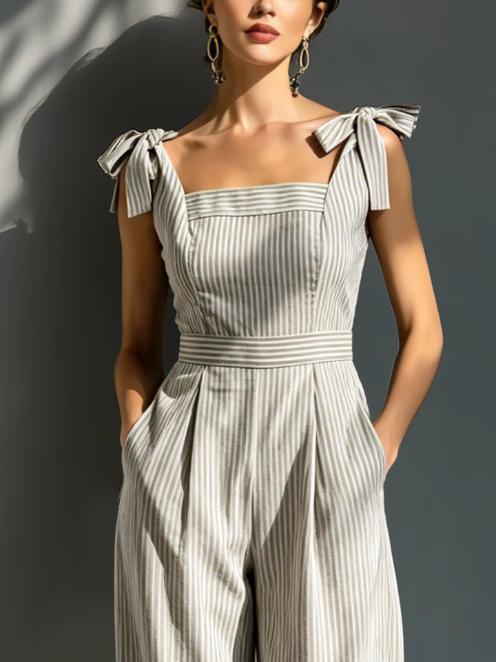 Céleste - Striped Beige and White Linen Blend Jumpsuit
