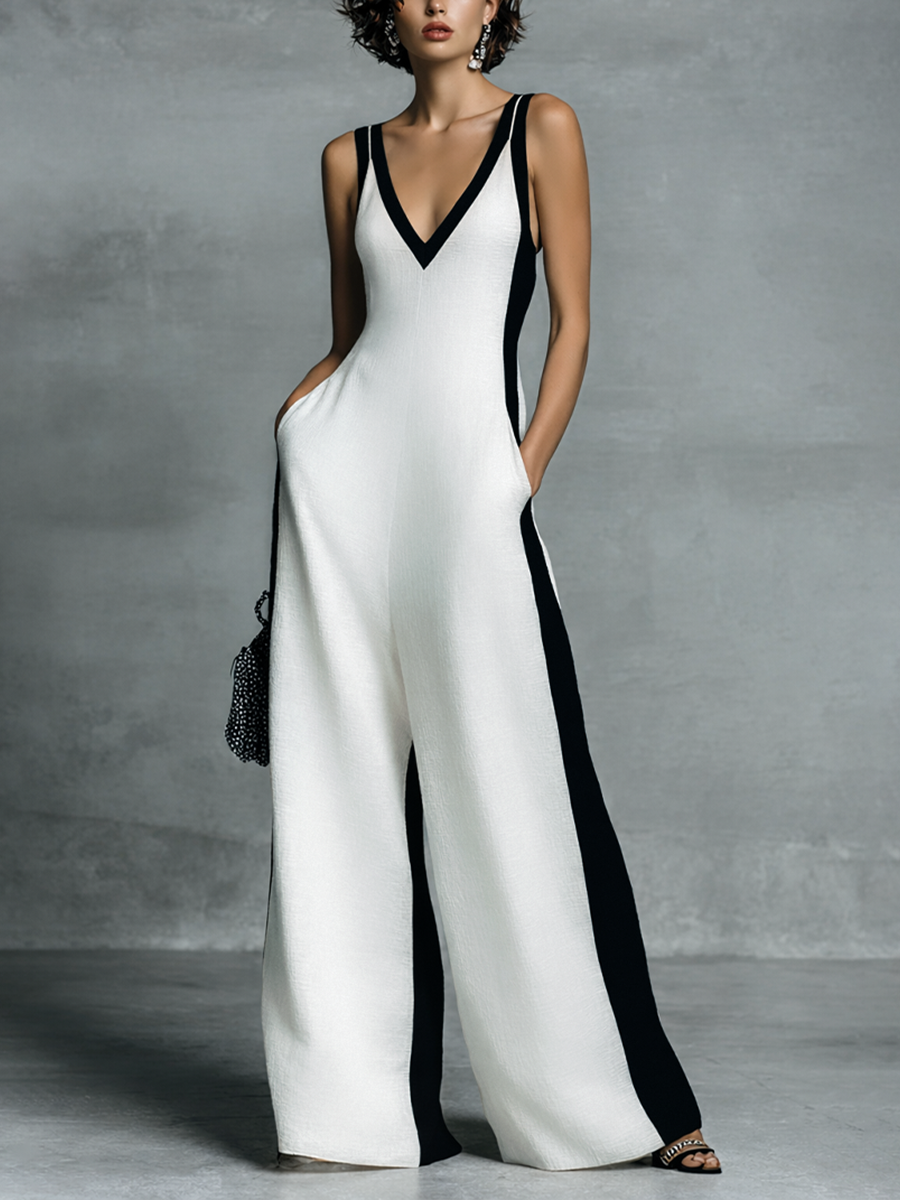 Victory - Women's Cotton Linen Jumpsuit in Black and White