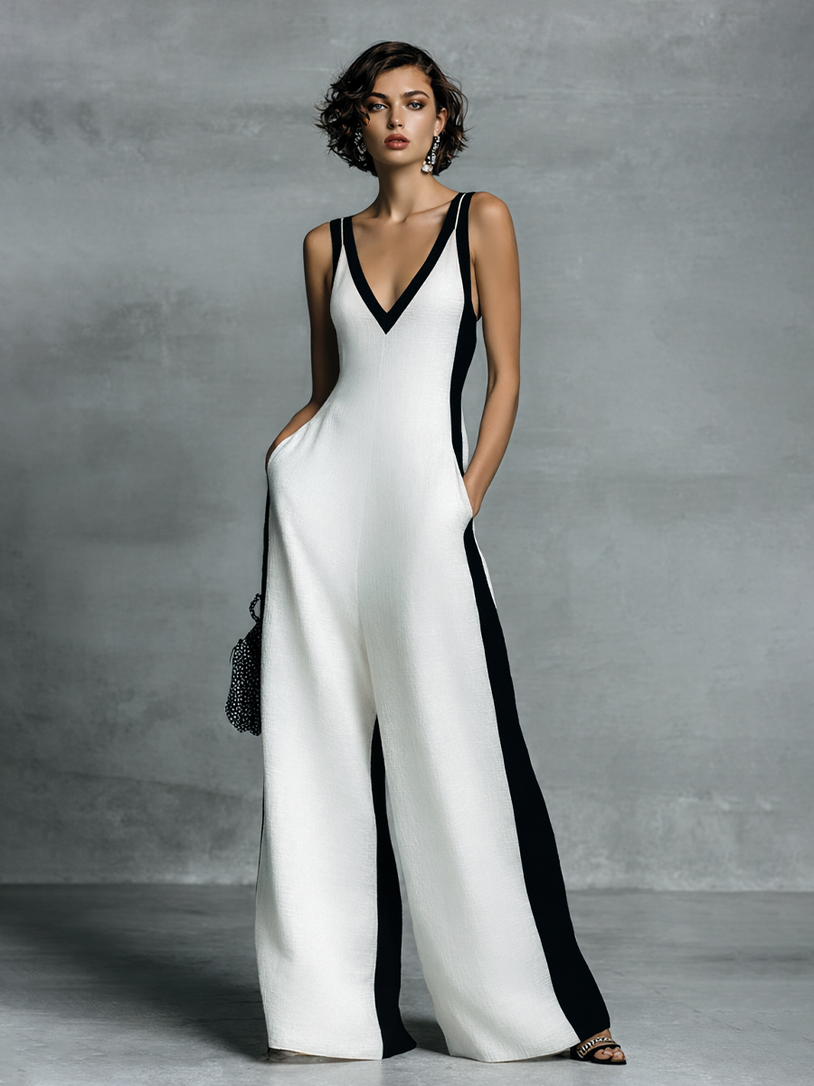 Victory - Women's Cotton Linen Jumpsuit in Black and White