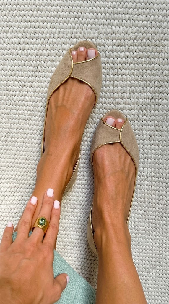 Beige and Gold Suede Peep Toe D'Orsay Flats