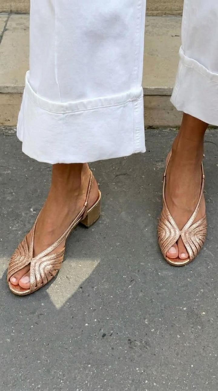 Block Heel Slingback Peep Toe Metallic Weave Rose Gold