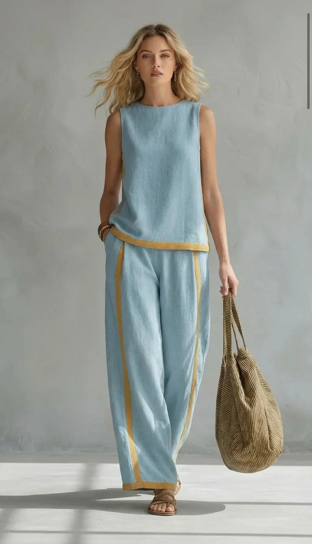 Ursula – Chic-casual gilet and trouser set with two-tone finishes