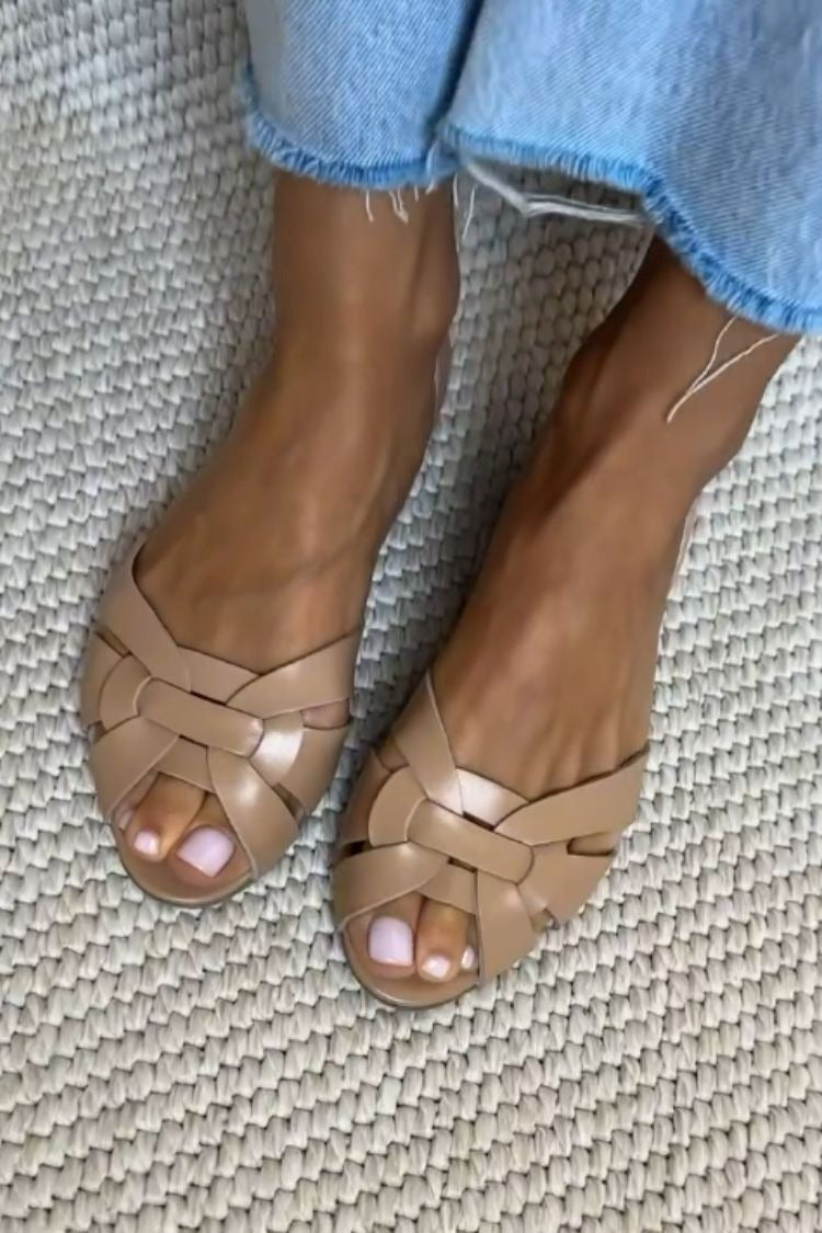 Woven Peep Toe Ballet Flats in Faux Leather with Crossed Straps and Closed Heel