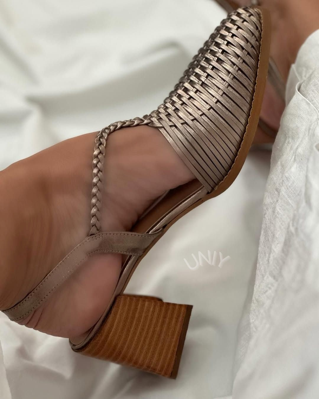 Metallic Champagne Pointed Block Heels with Straps
