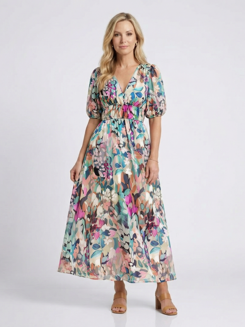 Eulalie | V-Neck Short Sleeve Ruched Waist Midi Dress