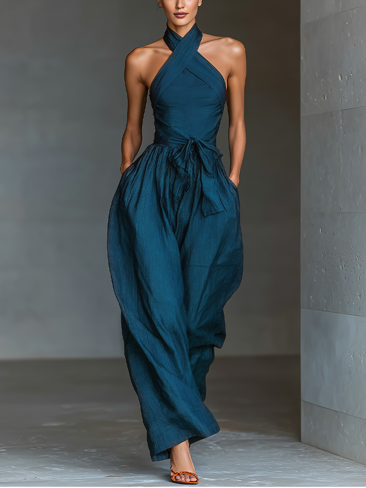 Solène - Cross-Back Linen Jumpsuit in Navy Blue