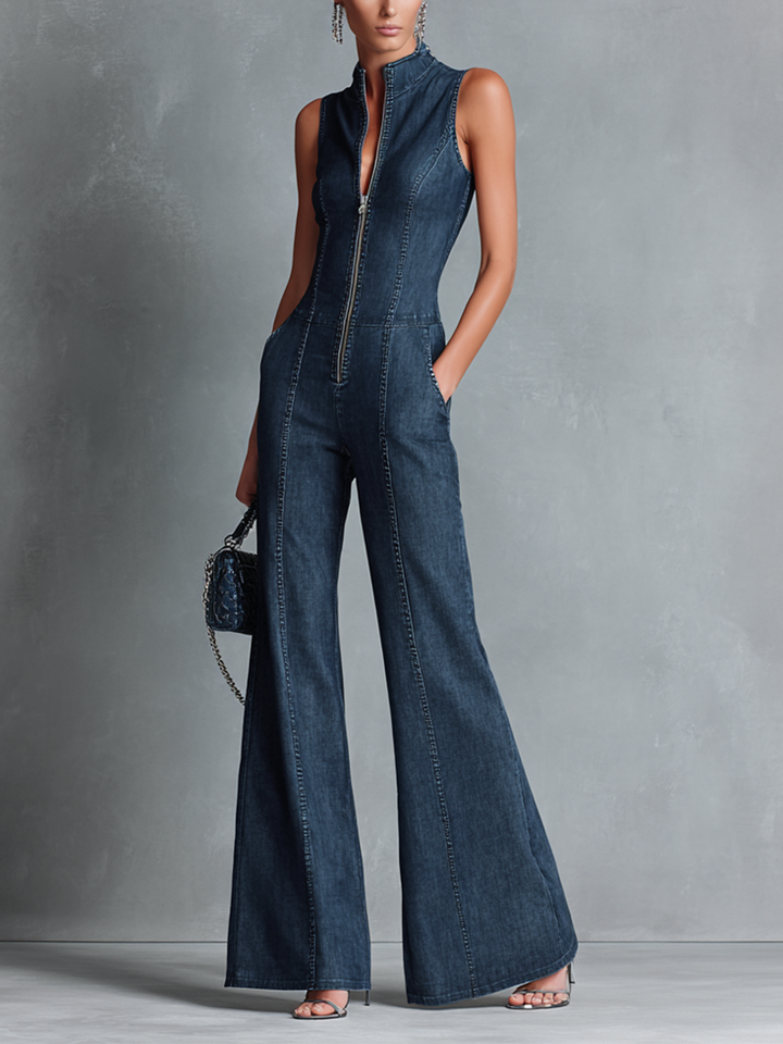 Valentine - Sleeveless Dark Blue Denim Jumpsuit with Flared Retro Style Collar