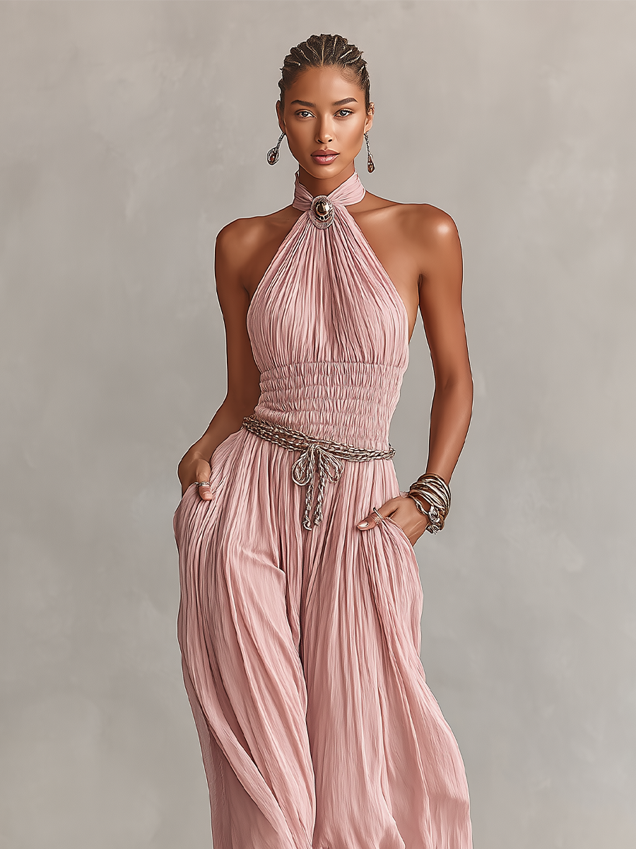 Margaux - Pleated Jumpsuit for Women in Pink with Halter Neck & Gathered Waist