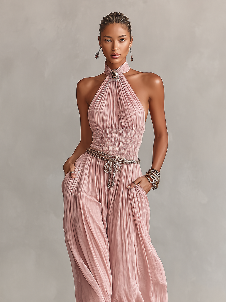 Margaux - Pleated Jumpsuit for Women in Pink with Halter Neck & Gathered Waist