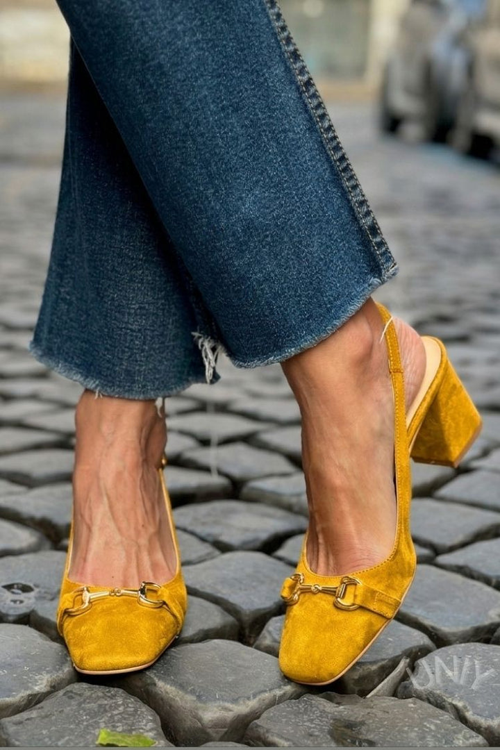 Olive Suede Slingback Block Heels