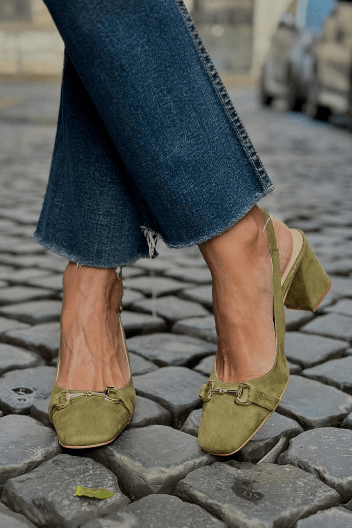 Olive Suede Slingback Block Heels