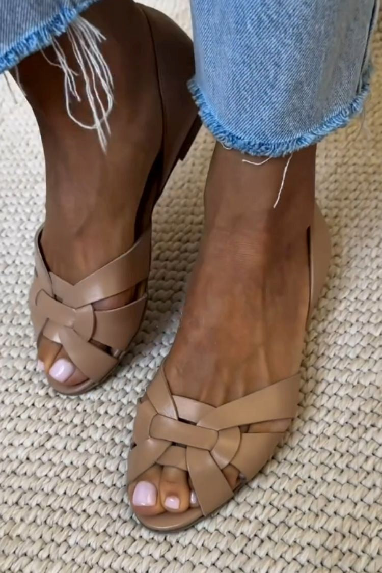 Woven Peep Toe Ballet Flats in Faux Leather with Crossed Straps and Closed Heel