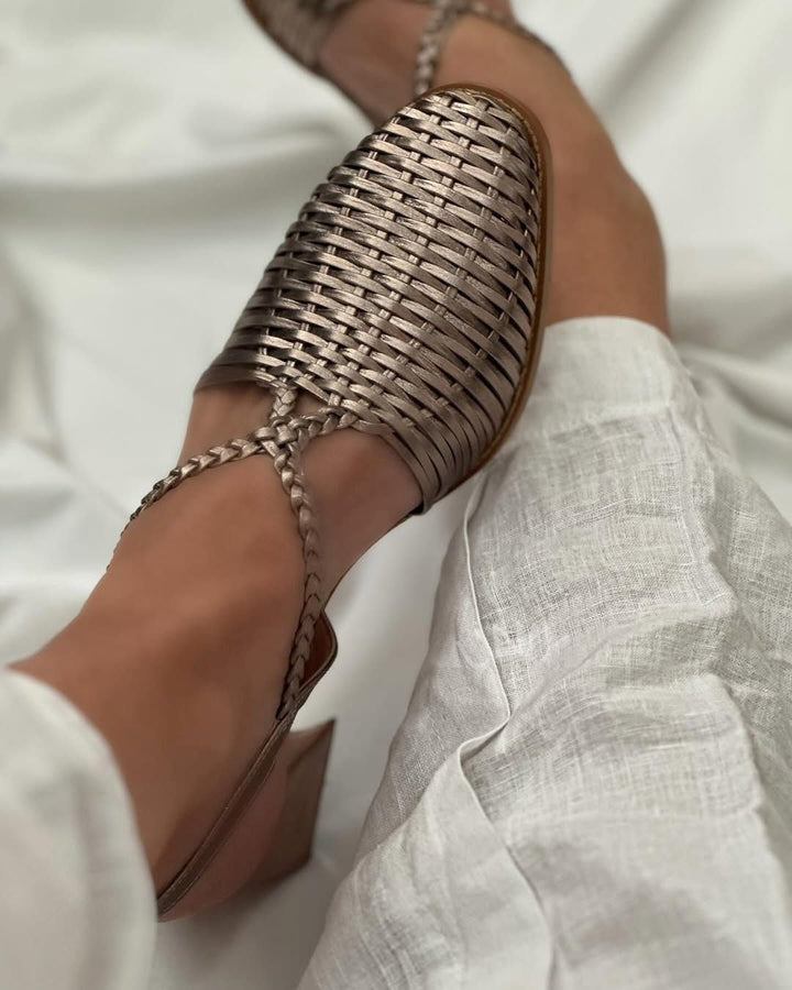 Metallic Champagne Pointed Block Heels with Straps