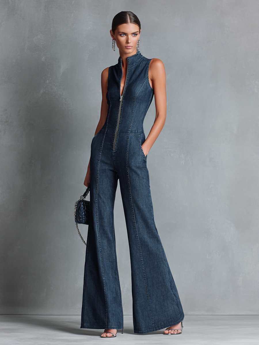 Valentine - Sleeveless Dark Blue Denim Jumpsuit with Flared Retro Style Collar