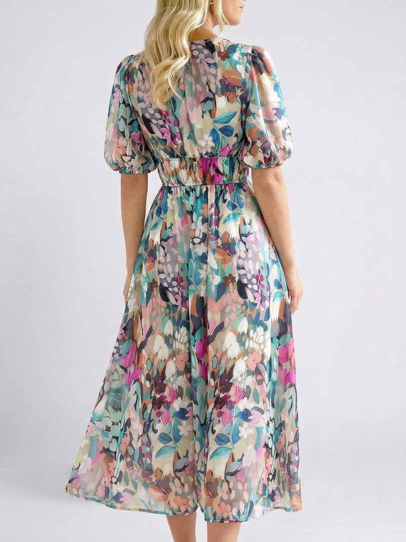 Eulalie | V-Neck Short Sleeve Ruched Waist Midi Dress