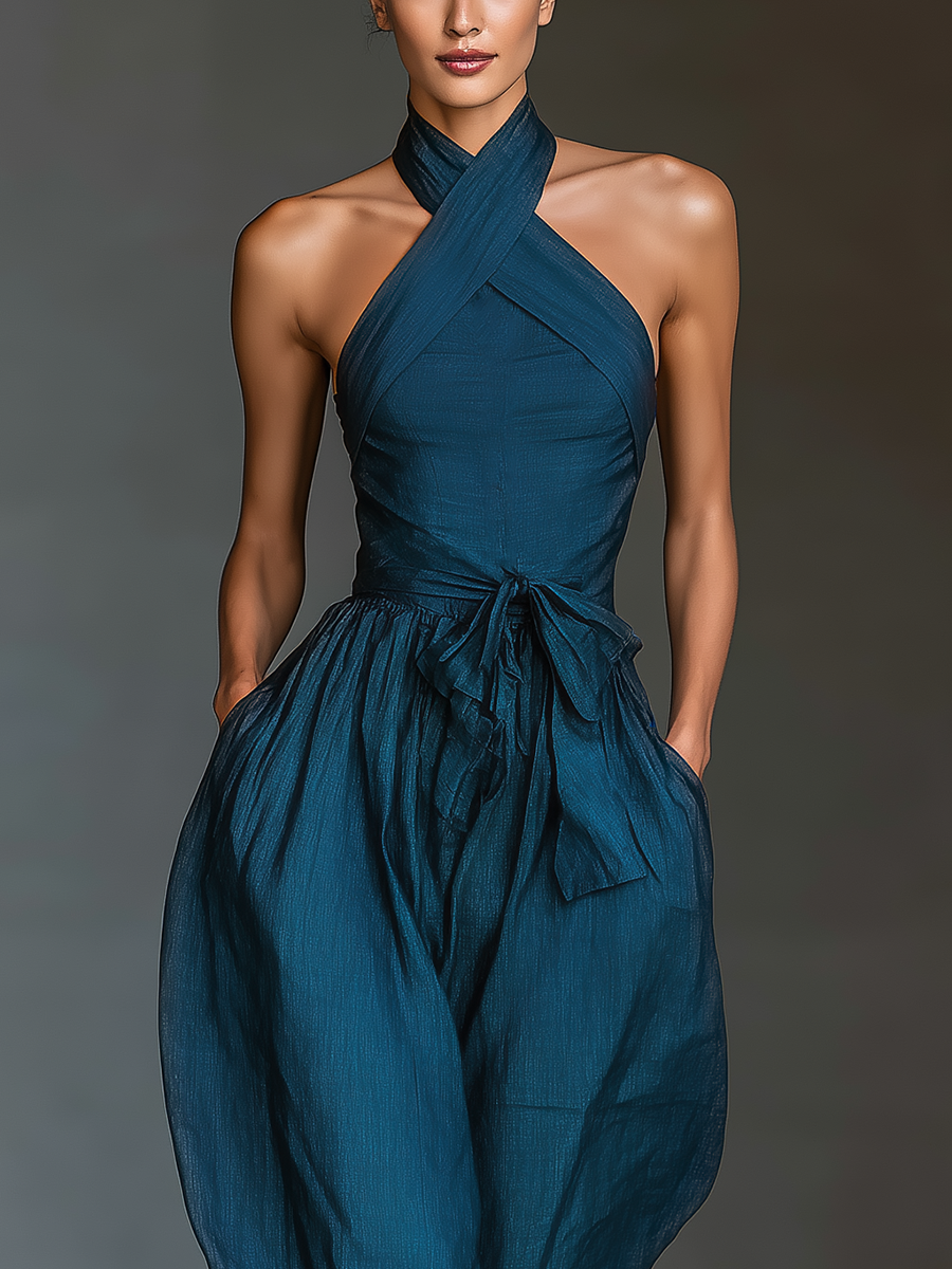 Solène - Cross-Back Linen Jumpsuit in Navy Blue