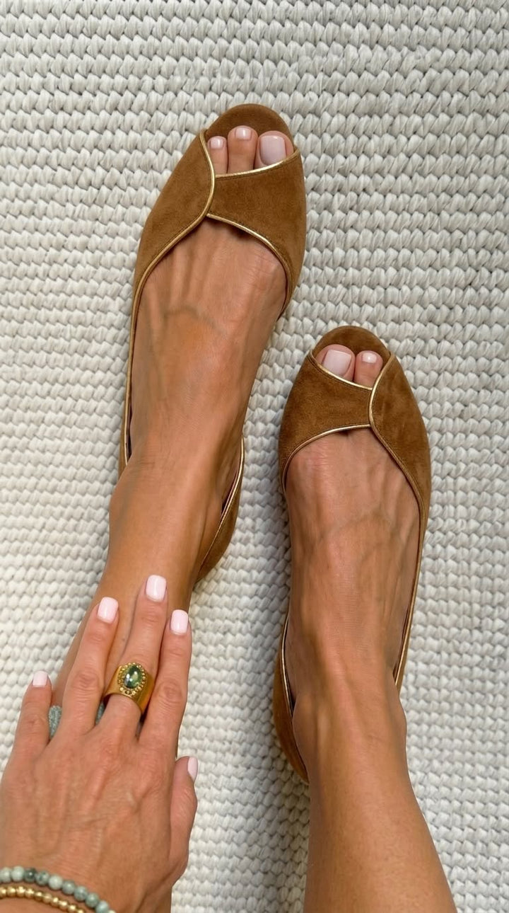 Beige and Gold Suede Peep Toe D'Orsay Flats