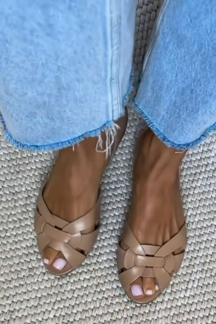 Woven Peep Toe Ballet Flats in Faux Leather with Crossed Straps and Closed Heel