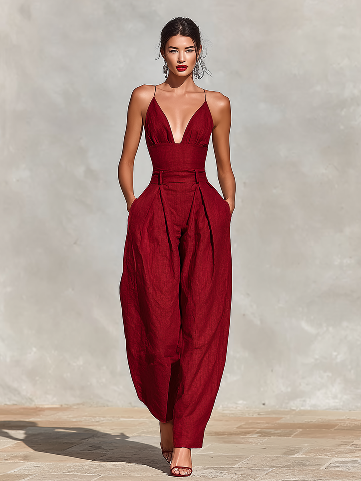Estelle - Red Linen Jumpsuit for Women with Thin Straps