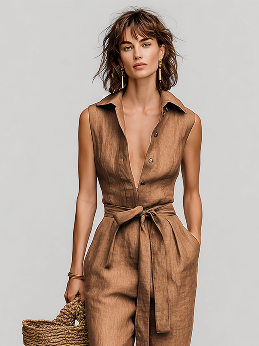 Élodie - Brown Tobacco Linen Dungarees