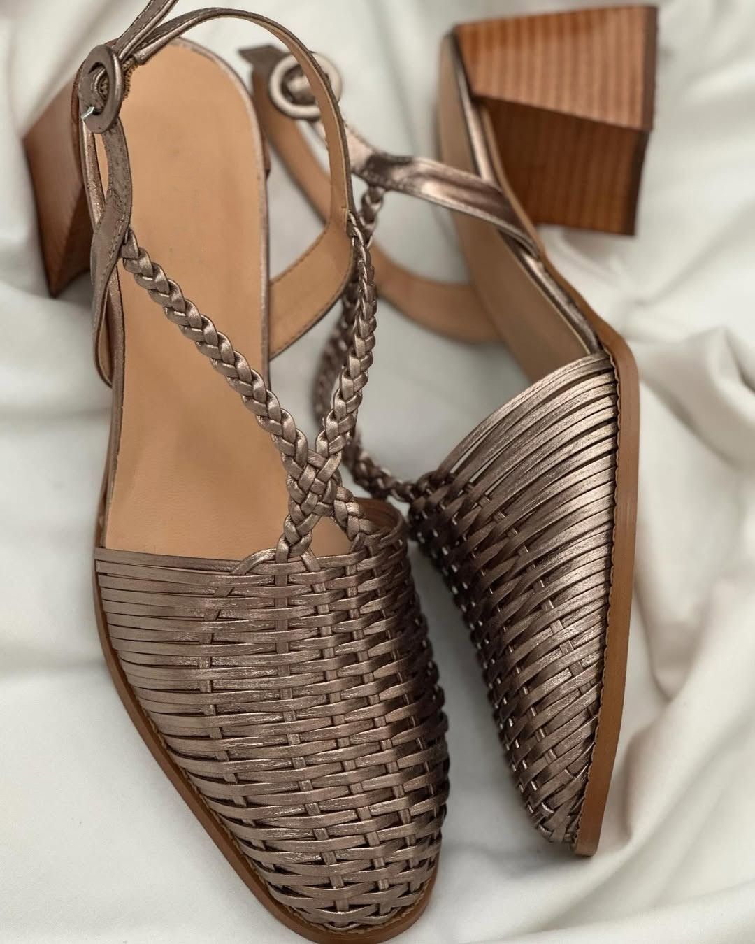 Metallic Champagne Pointed Block Heels with Straps