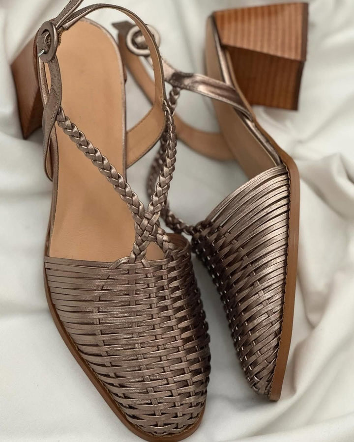 Metallic Champagne Pointed Block Heels with Straps