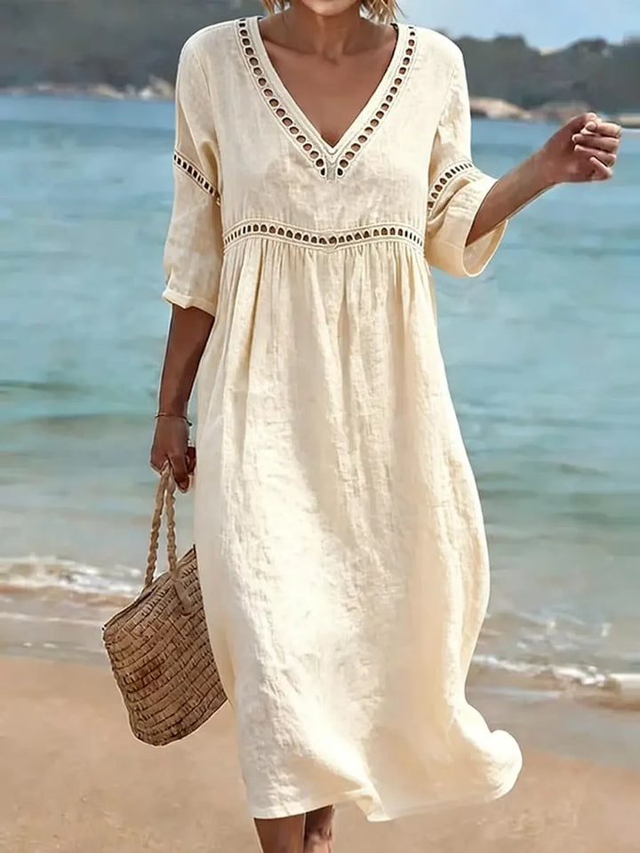 Cleo | V-Neck Lace Trim Midi Dress