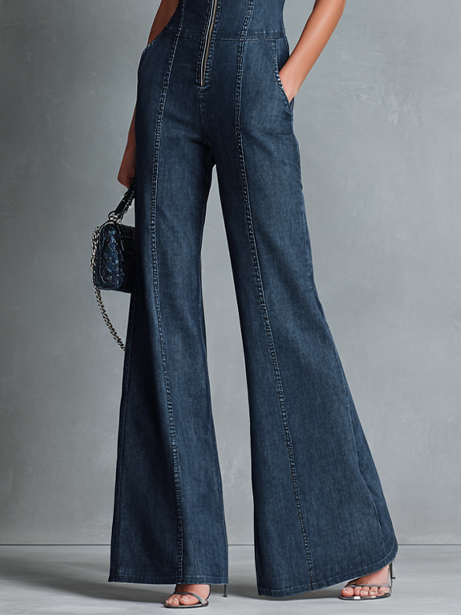 Valentine - Sleeveless Dark Blue Denim Jumpsuit with Flared Retro Style Collar