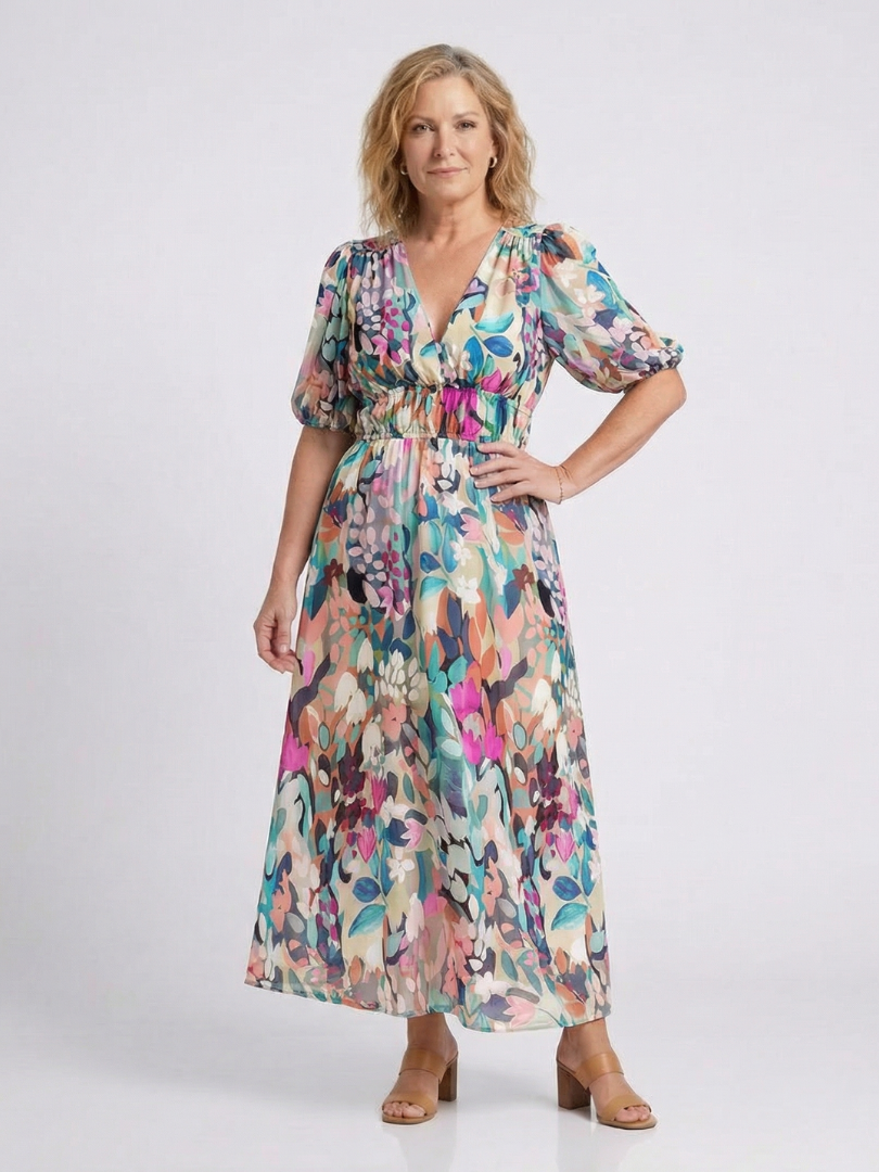 Eulalie | V-Neck Short Sleeve Ruched Waist Midi Dress