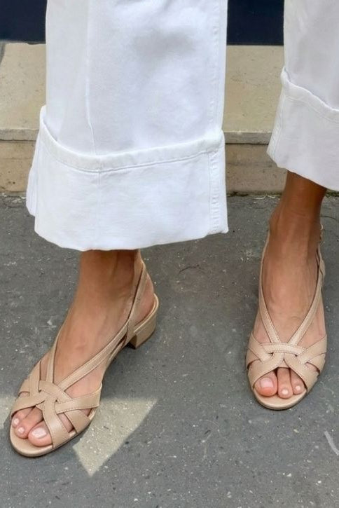 Nude Leather Slingback Sandals with Crossed Straps and Low Heel