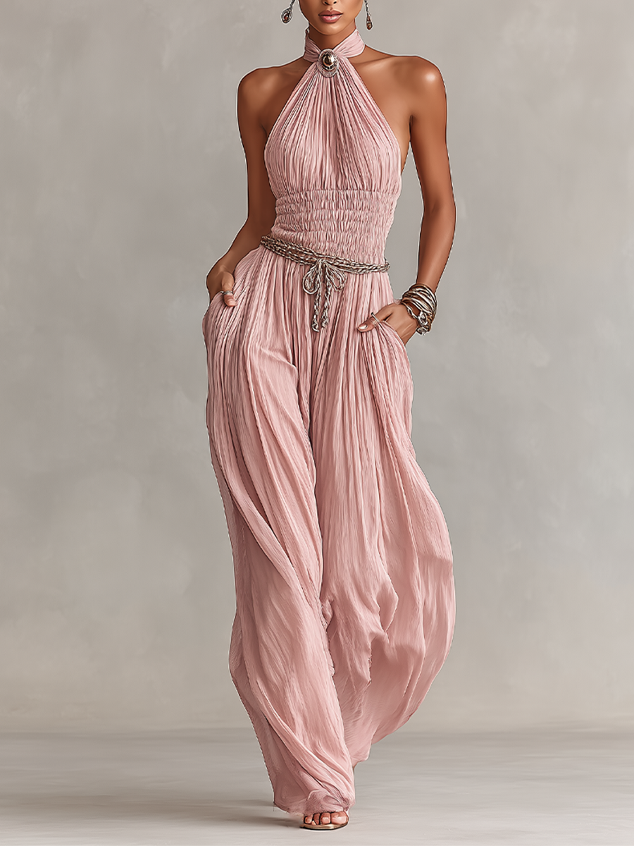 Margaux - Pleated Jumpsuit for Women in Pink with Halter Neck & Gathered Waist