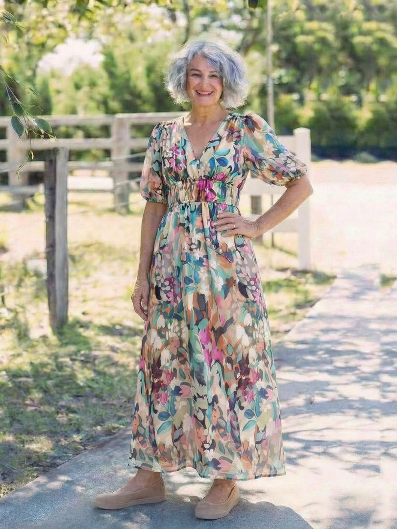 Eulalie | V-Neck Short Sleeve Ruched Waist Midi Dress