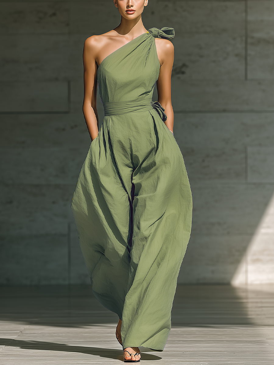 Léa - Wide One-Shoulder Jumpsuit in Cotton and Linen Blend