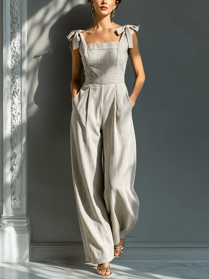 Céleste - Striped Beige and White Linen Blend Jumpsuit