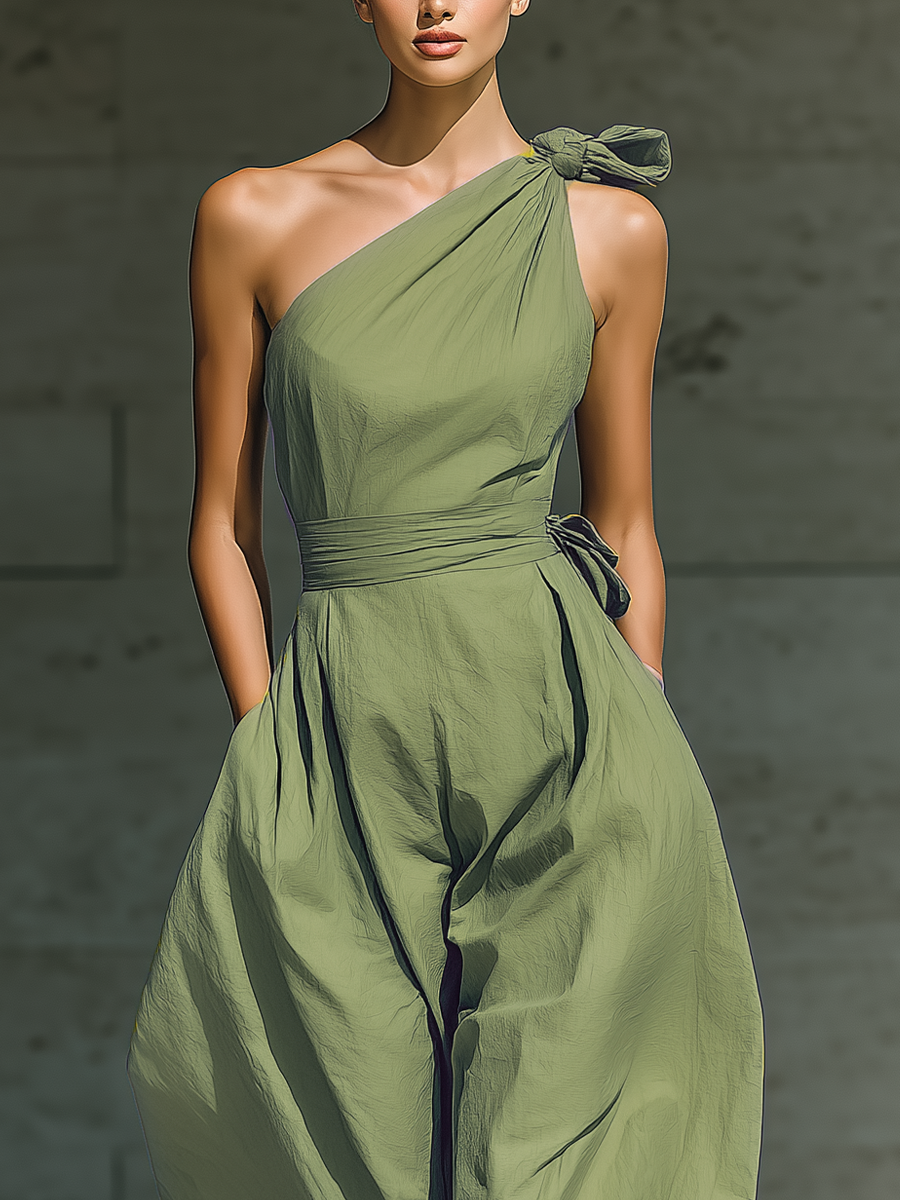 Léa - Wide One-Shoulder Jumpsuit in Cotton and Linen Blend