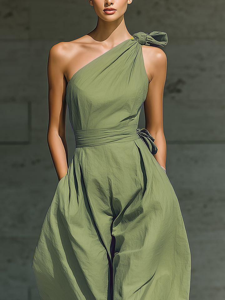 Léa - Wide One-Shoulder Jumpsuit in Cotton and Linen Blend