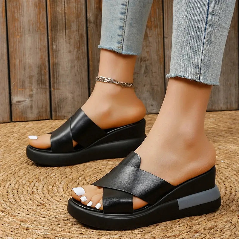 Cleo | Cross-Strap Platform Wedge Mules