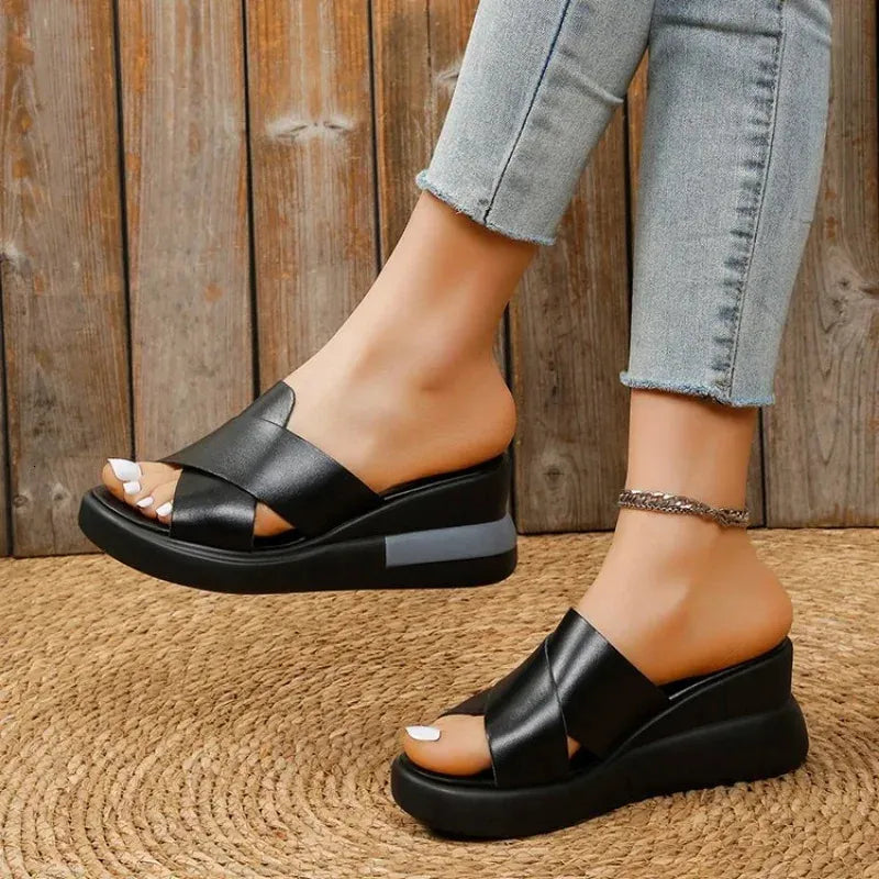 Cleo | Cross-Strap Platform Wedge Mules