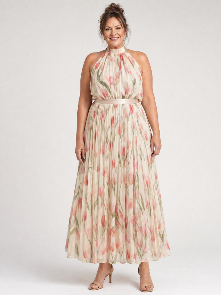 Aurelle | Tulip Print Halter Pleated Midi Dress