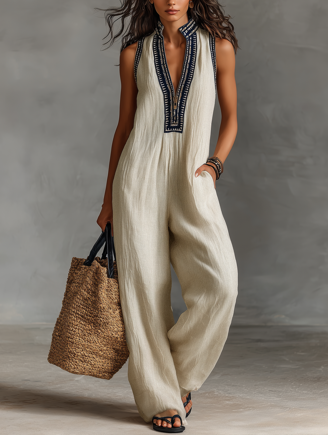 Clémence - Sleeveless Minimalist Linen Blend Jumpsuit