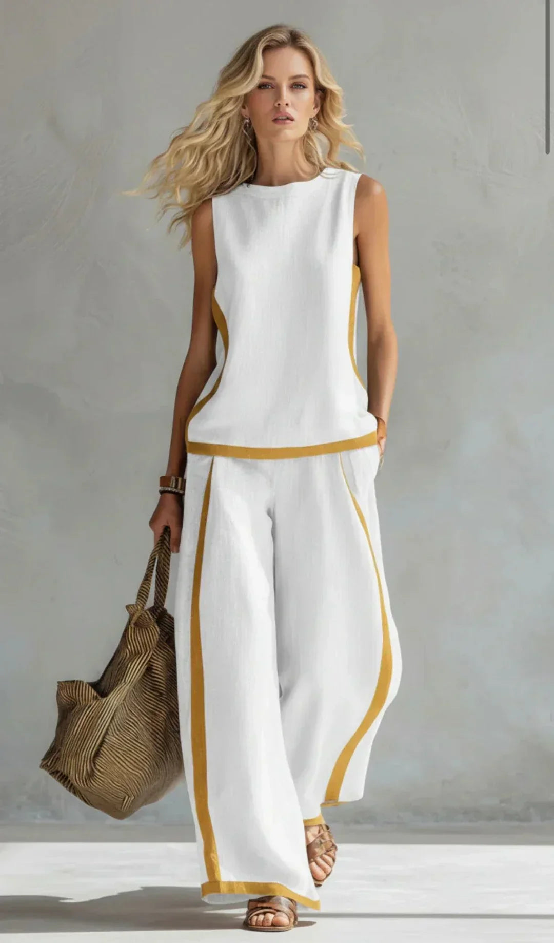 Ursula – Chic-casual gilet and trouser set with two-tone finishes