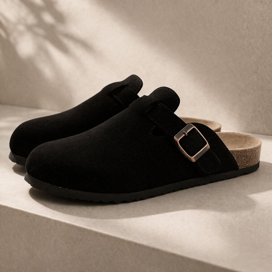 Suede Buckle Clogs | Adjustable Strap & Comfort Footbed