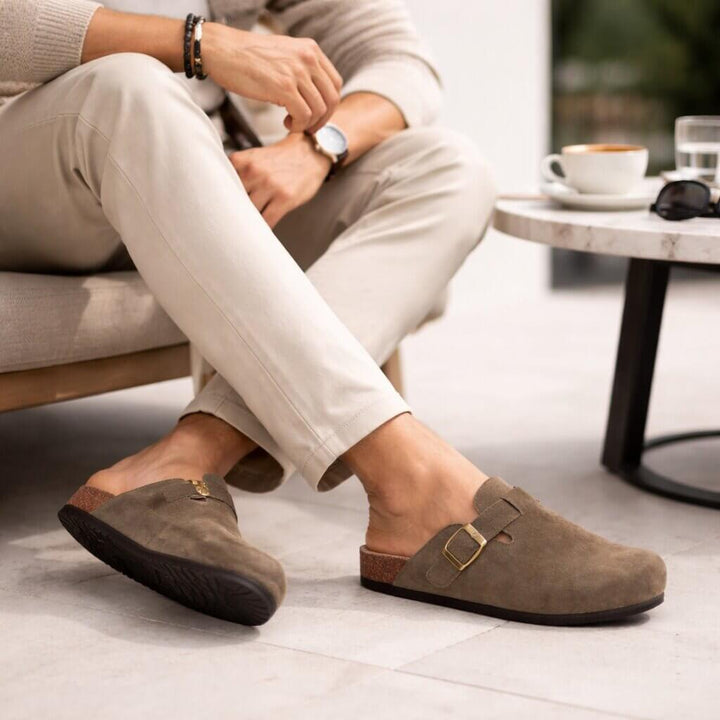 Suede Buckle Clogs | Adjustable Strap & Comfort Footbed
