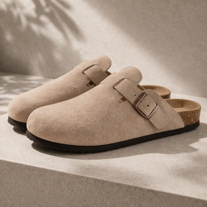 Suede Buckle Clogs | Adjustable Strap & Comfort Footbed