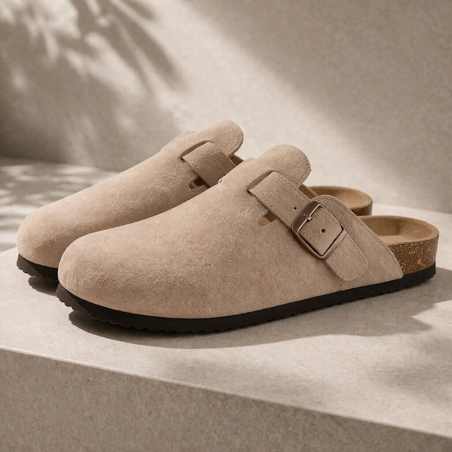 Suede Buckle Clogs | Adjustable Strap & Comfort Footbed