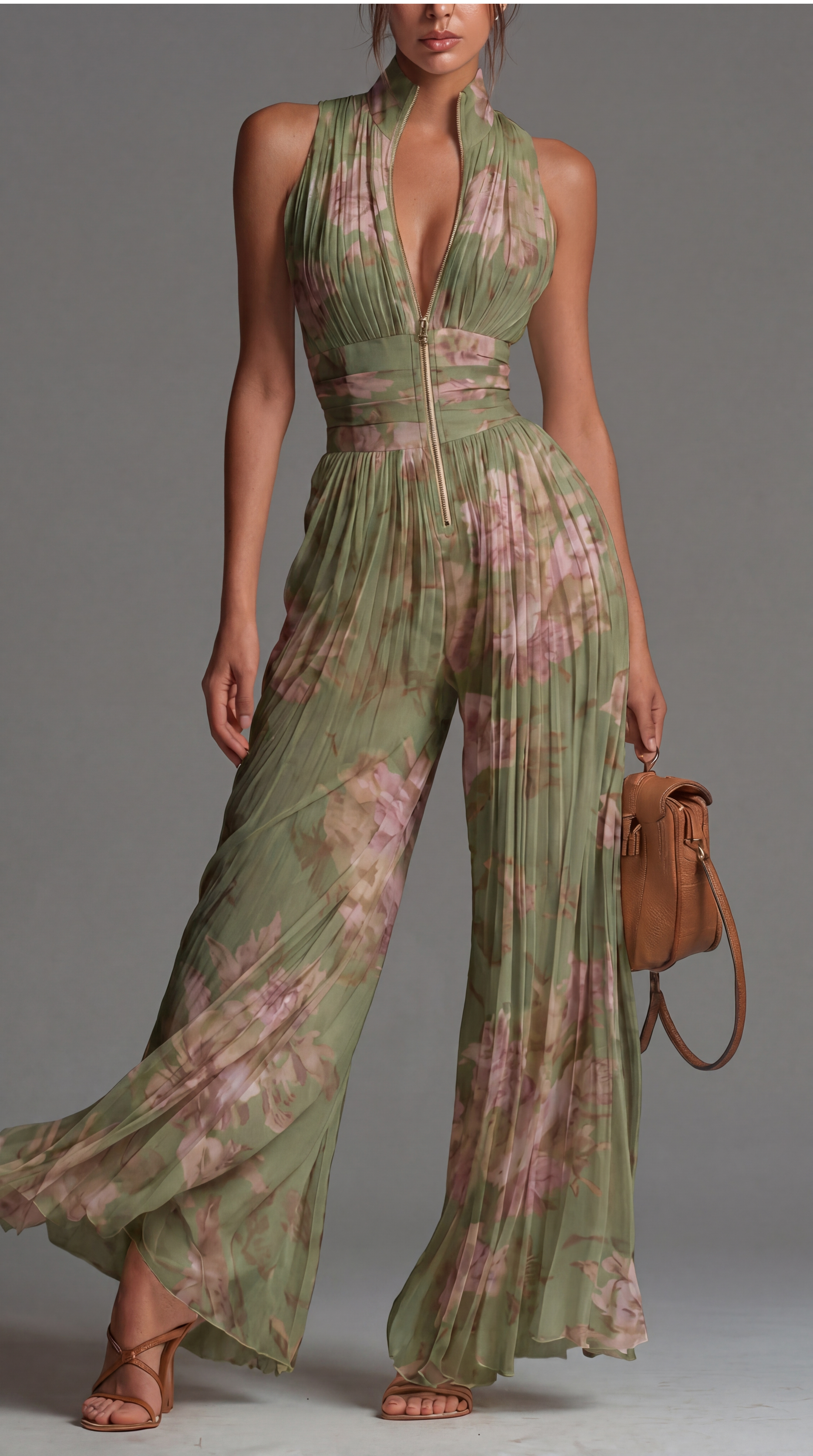 Zsófia Jumpsuit | Pleated Chiffon Jumpsuit in Green